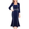 imageVFSHOW Womens Elegant Vintage Square Neck Work Business Office Party MidCalf Mermaid DressNavy Blue With Tweed Trim
