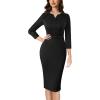 imageVFSHOW Womens Work Office Business Pleated Notch V Neck Buttons Fitted Belted Pencil Sheath DressBlack
