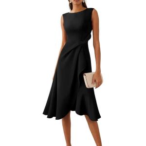 imageVFSHOW Womens 2025 Asymmetric Ruffle Ruched Cocktail ALine Midi Dress Sleeveless Elegant Boat Neck Wedding Guest DressesBlack