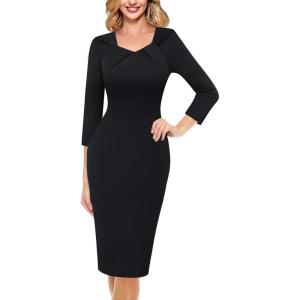 imageVFSHOW Womens 2025 Work Business Office Dresses Pleated Asymmetric Neck Vintage Church Slimming Pencil Sheath DressBlack
