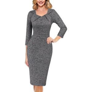 imageVFSHOW Womens 2025 Work Business Office Dresses Pleated Asymmetric Neck Vintage Church Slimming Pencil Sheath DressBlack Tweed