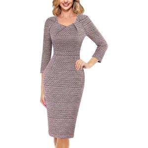 imageVFSHOW Womens 2025 Work Business Office Dresses Pleated Asymmetric Neck Vintage Church Slimming Pencil Sheath DressPink Tweed