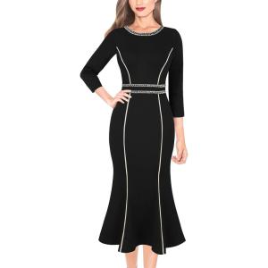 imageVFSHOW Womens Elegant Vintage Cocktail Business Office Mermaid Fitted Bodycon Midi DressBlack