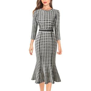 imageVFSHOW Womens Elegant Vintage Cocktail Business Office Mermaid Fitted Bodycon Midi DressBlack White Plaid Tweed