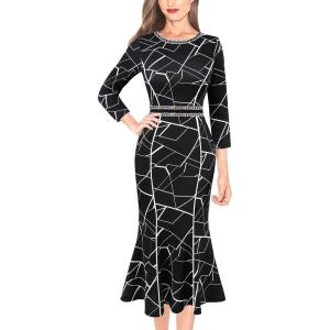 imageVFSHOW Womens Elegant Vintage Cocktail Business Office Mermaid Fitted Bodycon Midi DressBlack and White Geometric Print