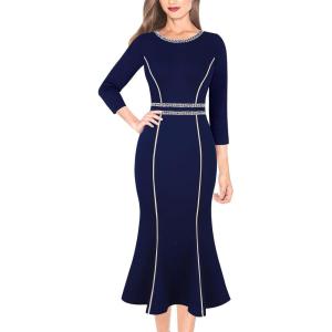 imageVFSHOW Womens Elegant Vintage Cocktail Business Office Mermaid Fitted Bodycon Midi DressDark Blue