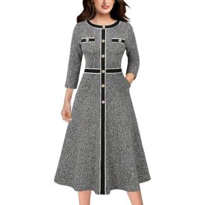 imageVFSHOW Womens Work Business Office Buttons Slim Fit and Flare MidCalf Midi ALine DressBlack Tweed