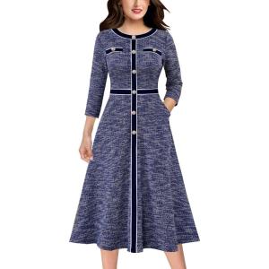 imageVFSHOW Womens Work Business Office Buttons Slim Fit and Flare MidCalf Midi ALine DressBlue Tweed