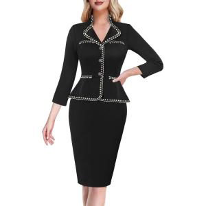 imageVFSHOW Womens Work Business V Neck Buttons Vintage Church Office Lapel Collared Peplum Pencil Sheath DressBlack
