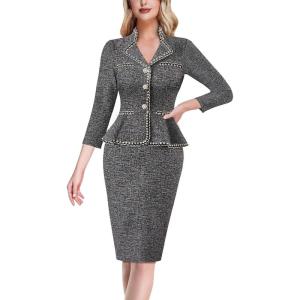 imageVFSHOW Womens Work Business V Neck Buttons Vintage Church Office Lapel Collared Peplum Pencil Sheath DressBlack Tweed