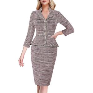 imageVFSHOW Womens Work Business V Neck Buttons Vintage Church Office Lapel Collared Peplum Pencil Sheath DressPink Tweed