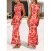 imageVFSHOW Womens 2025 Boat Neck Formal Bodycon Maxi Dress Sleeveless Slim Fitted Wedding Guest Long Cocktail Mermaid DressesOrange Floral Print