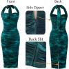 imageVFSHOW Womens 2025 Halter Off Shoulder Cocktail Ruched Bodycon Midi Dress Sexy Backless Slim Fitted Wedding Guest DressesGreen Floral Print