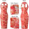 imageVFSHOW Womens 2025 Halter Off Shoulder Cocktail Ruched Bodycon Midi Dress Sexy Backless Slim Fitted Wedding Guest DressesOrange Floral Print