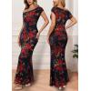 imageVFSHOW Womens 2025 One Shoulder Wedding Guest Bodycon Maxi Dress Sexy Off The Shoulder Fitted Formal Long Cocktail DressesBlack With Red Floral Print