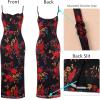imageVFSHOW Womens 2025 Spaghetti Strap Cocktail Bodycon Midi Dress Sexy Backless Sweetheart Neck Wedding Guest MidCalf DressesBlack With Red Floral Print
