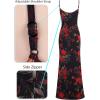 imageVFSHOW Womens Sexy Formal Ruched Fitted High Slit Bodycon Maxi Dress Spaghetti Strap Sweetheart Cocktail Prom Evening GownBlack With Red Floral Print