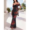 imageVFSHOW Womens Spaghetti Strap Ruffle Ruched Bodycon Maxi Dress 2025 Sexy Cold Shoulder Fitted Formal Long Cocktail DressBlack With Red Floral Printb