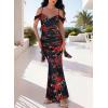 imageVFSHOW Womens Spaghetti Strap Ruffle Ruched Bodycon Maxi Dress 2025 Sexy Cold Shoulder Fitted Formal Long Cocktail DressBlack With Red Floral Printb