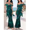 imageVFSHOW Womens Spaghetti Strap Ruffle Ruched Bodycon Maxi Dress 2025 Sexy Cold Shoulder Fitted Formal Long Cocktail DressGreen Floral Print