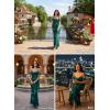 imageVFSHOW Womens Spaghetti Strap Ruffle Ruched Bodycon Maxi Dress 2025 Sexy Cold Shoulder Fitted Formal Long Cocktail DressGreen Floral Print