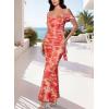 imageVFSHOW Womens Spaghetti Strap Ruffle Ruched Bodycon Maxi Dress 2025 Sexy Cold Shoulder Fitted Formal Long Cocktail DressOrange Floral Print