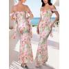 imageVFSHOW Womens Spaghetti Strap Ruffle Ruched Bodycon Maxi Dress 2025 Sexy Cold Shoulder Fitted Formal Long Cocktail DressPink Floral Print
