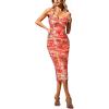 imageVFSHOW Womens 2025 Halter Off Shoulder Cocktail Ruched Bodycon Midi Dress Sexy Backless Slim Fitted Wedding Guest DressesOrange Floral Print