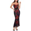 imageVFSHOW Womens 2025 Spaghetti Strap Cocktail Bodycon Maxi Dress Sexy Backless Scoop Neck Wedding Guest Formal Long DressesBlack With Red Floral Print