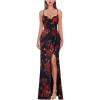 imageVFSHOW Womens Sexy Formal Ruched Fitted High Slit Bodycon Maxi Dress Spaghetti Strap Sweetheart Cocktail Prom Evening GownBlack With Red Floral Print