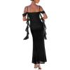 imageVFSHOW Womens Spaghetti Strap Ruffle Ruched Bodycon Maxi Dress 2025 Sexy Cold Shoulder Fitted Formal Long Cocktail DressBlack