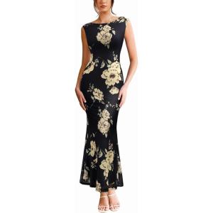imageVFSHOW Womens 2025 Boat Neck Formal Bodycon Maxi Dress Sleeveless Slim Fitted Wedding Guest Long Cocktail Mermaid DressesBlack With Beige Floral Print
