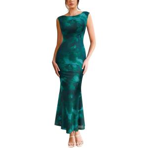 imageVFSHOW Womens 2025 Boat Neck Formal Bodycon Maxi Dress Sleeveless Slim Fitted Wedding Guest Long Cocktail Mermaid DressesGreen Floral Print
