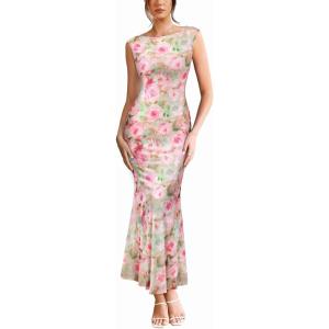 imageVFSHOW Womens 2025 Boat Neck Formal Bodycon Maxi Dress Sleeveless Slim Fitted Wedding Guest Long Cocktail Mermaid DressesPink Floral Print