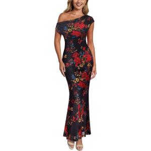 imageVFSHOW Womens 2025 One Shoulder Wedding Guest Bodycon Maxi Dress Sexy Off The Shoulder Fitted Formal Long Cocktail DressesBlack With Red Floral Print