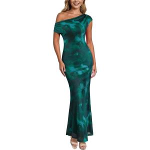 imageVFSHOW Womens 2025 One Shoulder Wedding Guest Bodycon Maxi Dress Sexy Off The Shoulder Fitted Formal Long Cocktail DressesGreen Floral Print