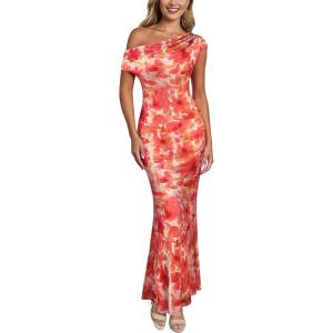 imageVFSHOW Womens 2025 One Shoulder Wedding Guest Bodycon Maxi Dress Sexy Off The Shoulder Fitted Formal Long Cocktail DressesOrange Floral Print