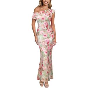 imageVFSHOW Womens 2025 One Shoulder Wedding Guest Bodycon Maxi Dress Sexy Off The Shoulder Fitted Formal Long Cocktail DressesPink Floral Printb