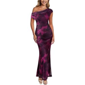 imageVFSHOW Womens 2025 One Shoulder Wedding Guest Bodycon Maxi Dress Sexy Off The Shoulder Fitted Formal Long Cocktail DressesPurple Floral Print