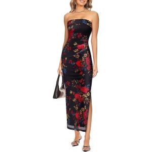 imageVFSHOW Womens 2025 Sexy Backless Formal Tube Bodycon Maxi Dress Strapless Side Slit Beach Wedding Guest Long Cocktail DressesBlack With Red Floral Printb
