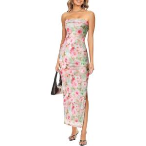 imageVFSHOW Womens 2025 Sexy Backless Formal Tube Bodycon Maxi Dress Strapless Side Slit Beach Wedding Guest Long Cocktail DressesPink Floral Print