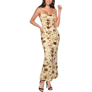 imageVFSHOW Womens 2025 Spaghetti Strap Cocktail Bodycon Maxi Dress Sexy Backless Scoop Neck Wedding Guest Formal Long DressesBeige Jacquard Lace Floral