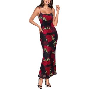 imageVFSHOW Womens 2025 Spaghetti Strap Cocktail Bodycon Maxi Dress Sexy Backless Scoop Neck Wedding Guest Formal Long DressesBlack With Red Rose Floral Print