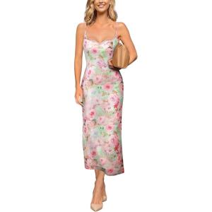 imageVFSHOW Womens 2025 Spaghetti Strap Cocktail Bodycon Midi Dress Sexy Backless Sweetheart Neck Wedding Guest MidCalf DressesPink Floral Print