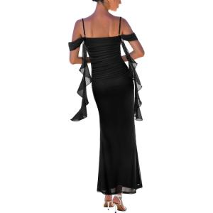 imageVFSHOW Womens Spaghetti Strap Ruffle Ruched Bodycon Maxi Dress 2025 Sexy Cold Shoulder Fitted Formal Long Cocktail DressBlack