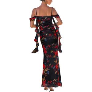 imageVFSHOW Womens Spaghetti Strap Ruffle Ruched Bodycon Maxi Dress 2025 Sexy Cold Shoulder Fitted Formal Long Cocktail DressBlack With Red Floral Printb
