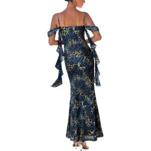 imageVFSHOW Womens Spaghetti Strap Ruffle Ruched Bodycon Maxi Dress 2025 Sexy Cold Shoulder Fitted Formal Long Cocktail DressBlue and Black Leopard Print