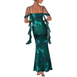 imageVFSHOW Womens Spaghetti Strap Ruffle Ruched Bodycon Maxi Dress 2025 Sexy Cold Shoulder Fitted Formal Long Cocktail DressGreen Floral Print