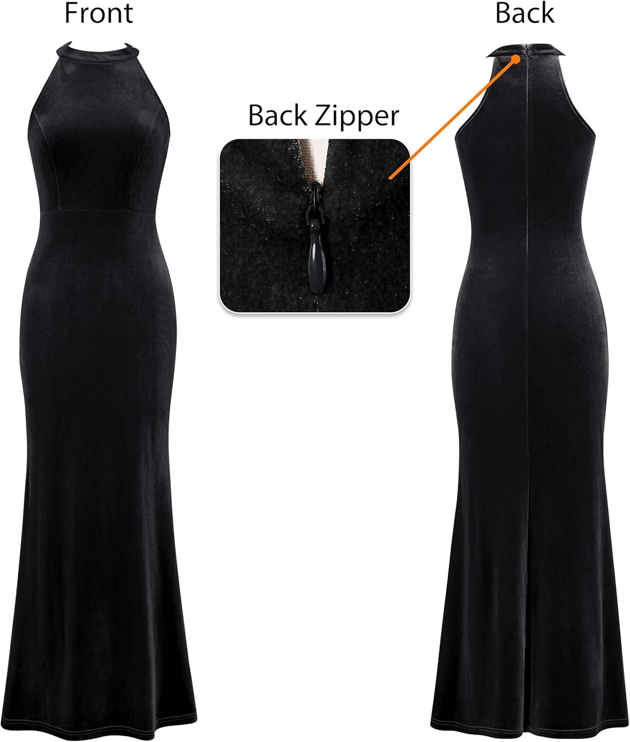 imageVFSHOW Womens 2025 Halter Neck Formal Bodycon Maxi Dress Sleeveless Slim Fitted Wedding Guest Long Cocktail Mermaid DressesBlack Velvet