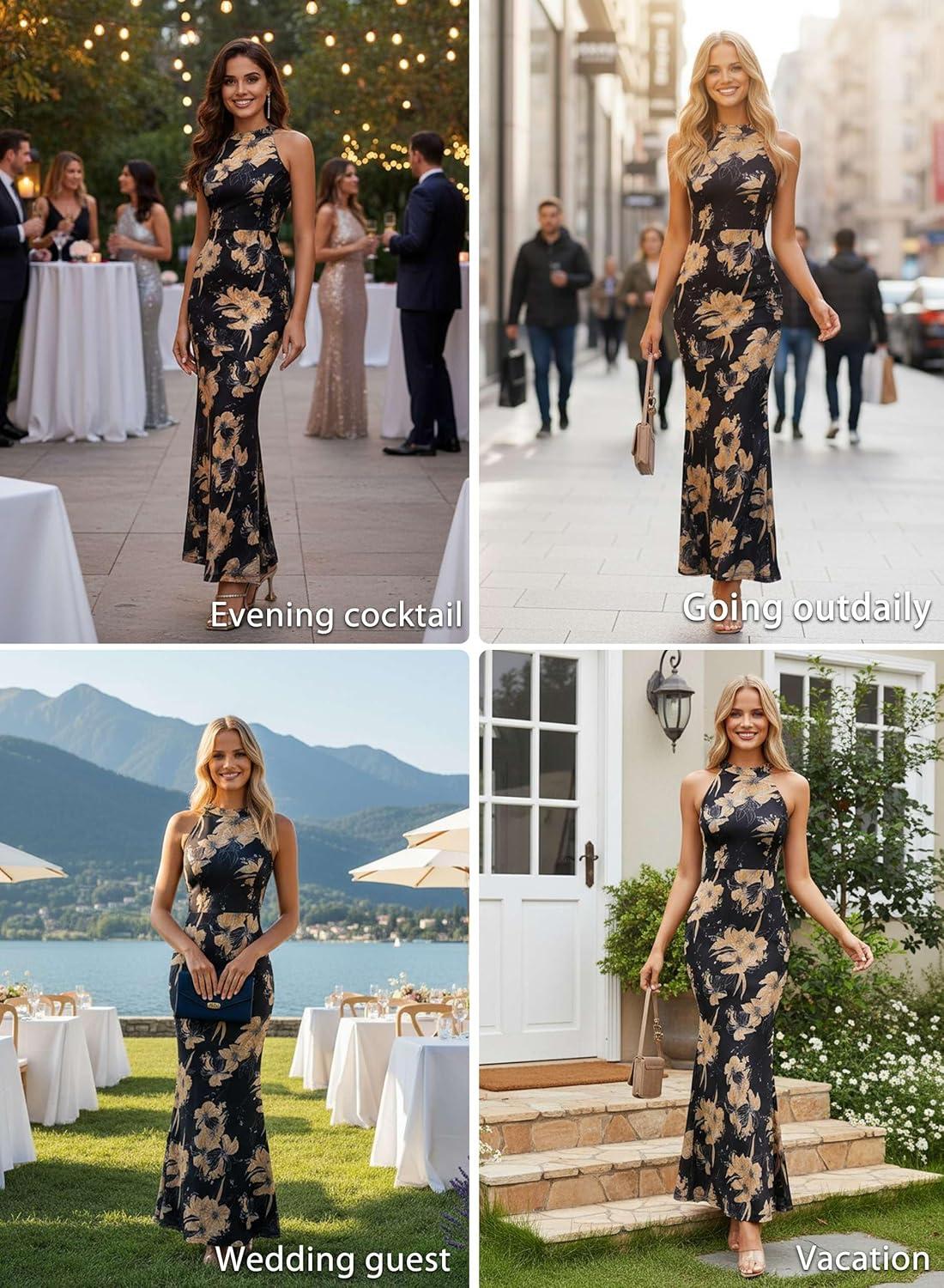 imageVFSHOW Womens 2025 Halter Neck Formal Bodycon Maxi Dress Sleeveless Slim Fitted Wedding Guest Long Cocktail Mermaid DressesBlack With Orange Floral Print